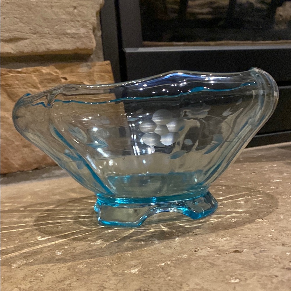 Vintage Etched Fostoria Azure Blue Glass Cupped Bowl perfect for Centerpiece